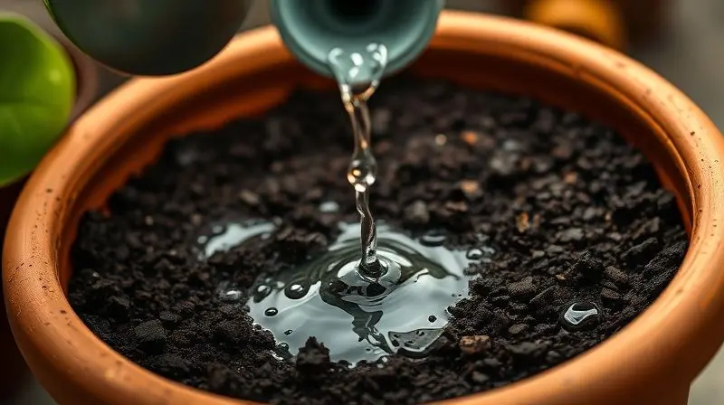 Água caindo de um regador sobre a terra de um vaso, demonstrando a técnica correta de regar a base da planta.