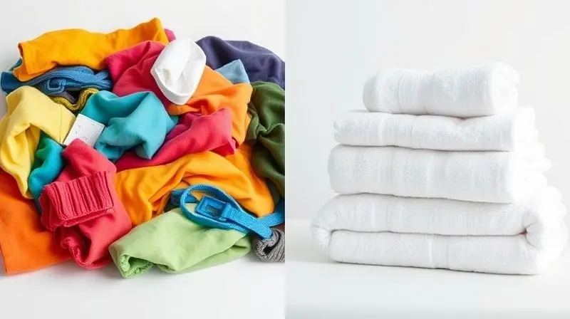 Imagem dividida mostrando roupas coloridas vibrantes de um lado e toalhas brancas puras do outro, ilustrando os diferentes tipos de alvejante.