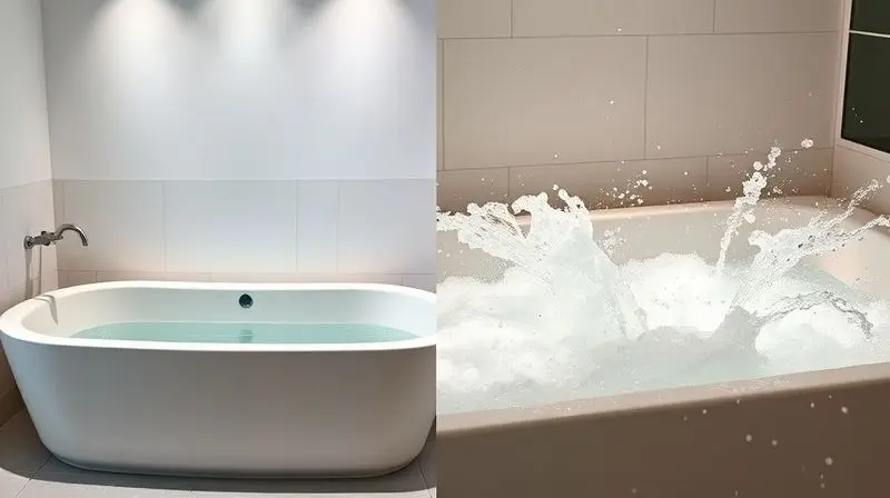 Comparativo visual entre uma banheira de hidromassagem com jatos ativos e uma banheira comum com água parada, destacando a diferença fundamental.