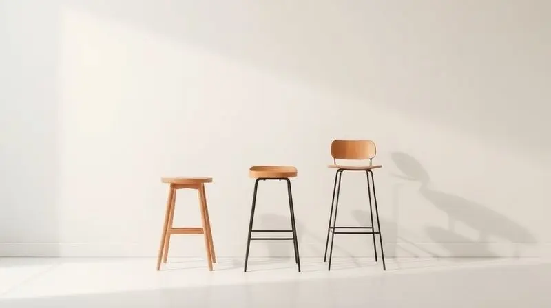 Comparativo visual mostrando a diferença de altura e design entre um banco baixo, uma banqueta média e uma cadeira alta com encosto.