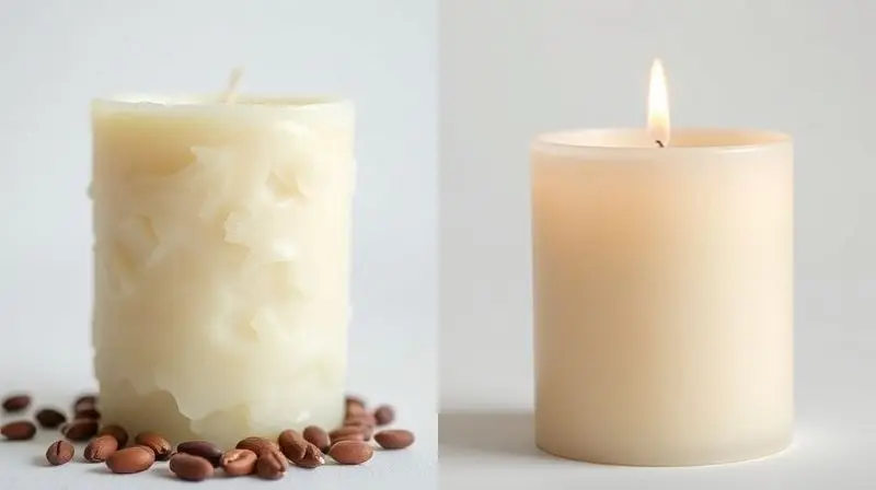 Comparativo visual em close-up da textura de uma cera de vela vegetal, mais cremosa, ao lado de uma cera de parafina, mais lisa e tradicional.