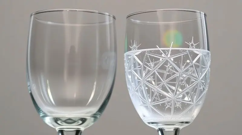 Imagem em close-up comparando um copo de vidro comum ao lado de um copo de cristal que brilha e reflete a luz.