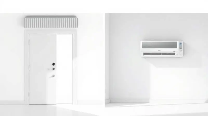 Comparativo visual entre uma cortina de ar em uma porta e uma unidade de ar-condicionado em uma parede, destacando suas funções diferentes.
