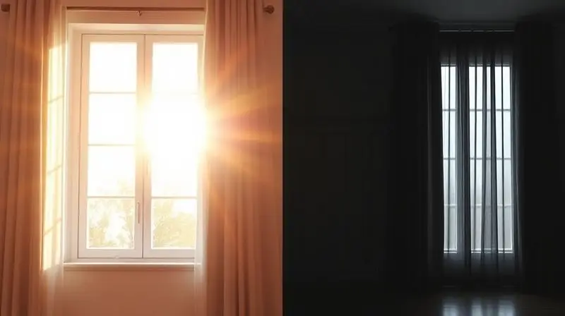 Imagem dividida mostrando a eficácia de uma cortina blackout, com um lado do ambiente iluminado pela luz solar e o outro completamente escuro.
