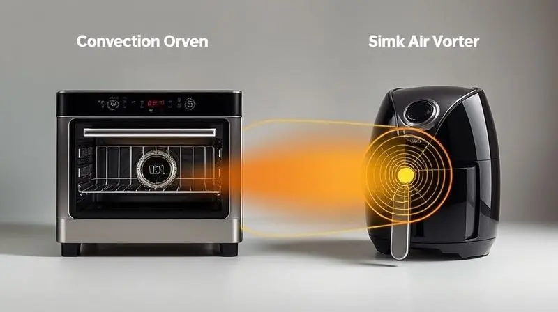 Imagem conceitual comparando um forno de convecção e uma air fryer lado a lado, com um diagrama de fluxo de ar para cada um.