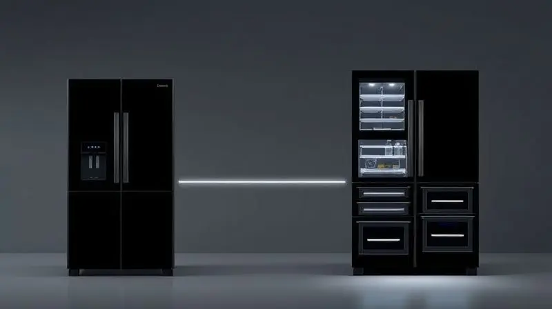 Comparativo visual mostrando o design de uma geladeira French Door ao lado de uma Multidoor, com setas indicando a abertura das portas.
