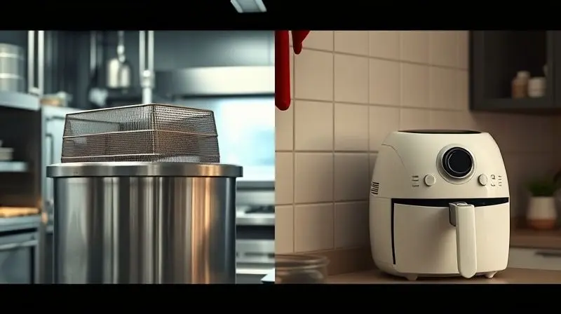 Comparativo visual entre uma fritadeira industrial grande de inox e uma fritadeira caseira pequena sobre uma bancada.