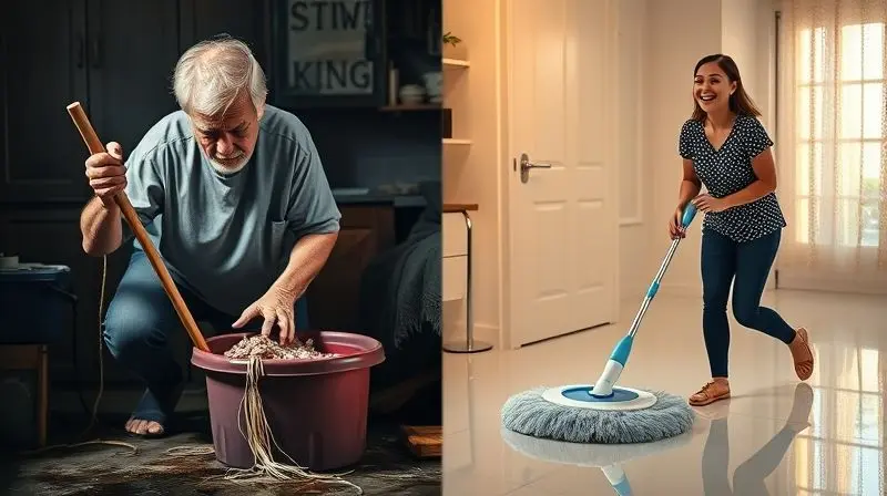 Comparativo visual mostrando a dificuldade de usar um mop manual com balde ao lado da facilidade e eficiência de um esfregão elétrico moderno.