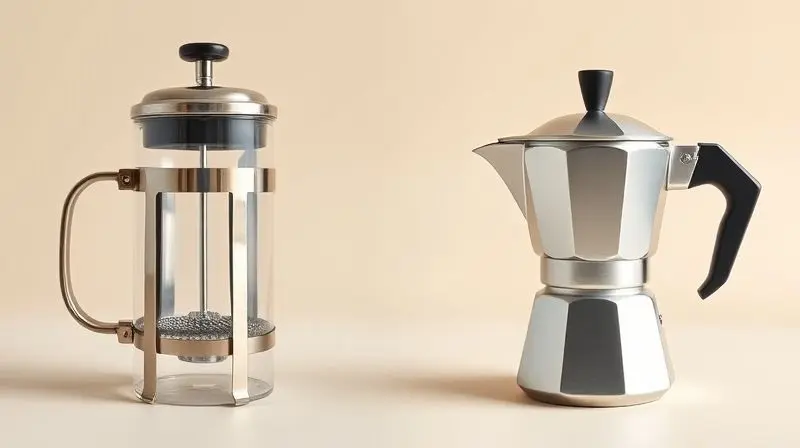 Uma prensa francesa de vidro e uma cafeteira italiana Moka de alumínio lado a lado, mostrando a diferença visual entre os dois métodos de preparo.