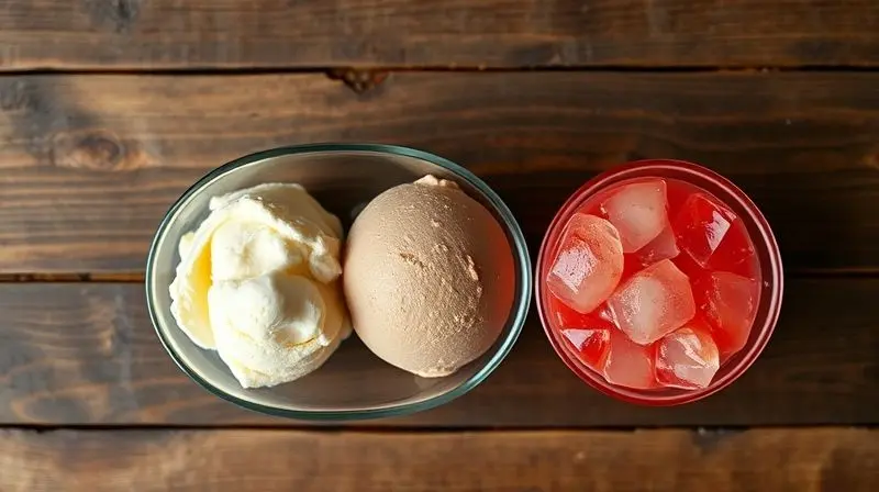 Três potes de vidro lado a lado mostrando as diferentes texturas de sorvete, gelato e sorbet para comparação visual.