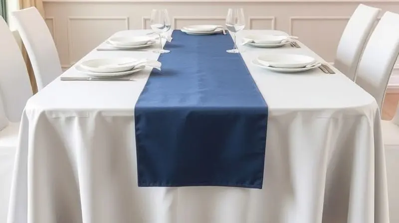 Mesa de jantar elegante decorada com uma toalha de mesa completa e um caminho de mesa por cima, ilustrando a diferença entre os dois itens.