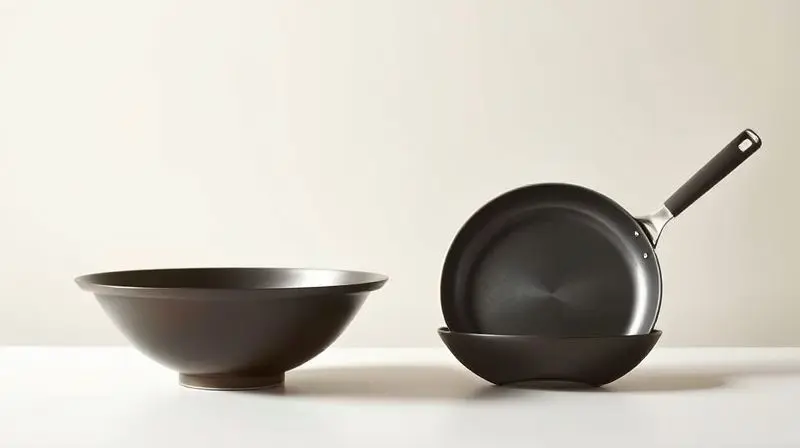 Comparativo visual entre uma panela wok de fundo arredondado e uma frigideira comum de fundo plano, mostrando a diferença de formato.