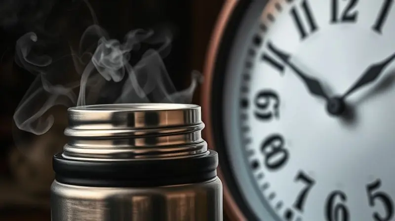 Garrafa térmica de inox ao lado de um relógio, com vapor saindo, ilustrando a capacidade de manter o café quente por longas horas.