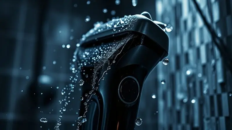 Dramatic close-up, photorealistic shot of a sleek, modern waterproof electric shaver with water droplets splashing over it, i
