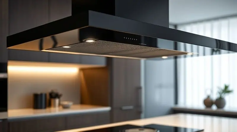 Detalhe de uma coifa de ilha com design moderno e arrojado, com acabamento em metal preto e iluminação LED embutida.
