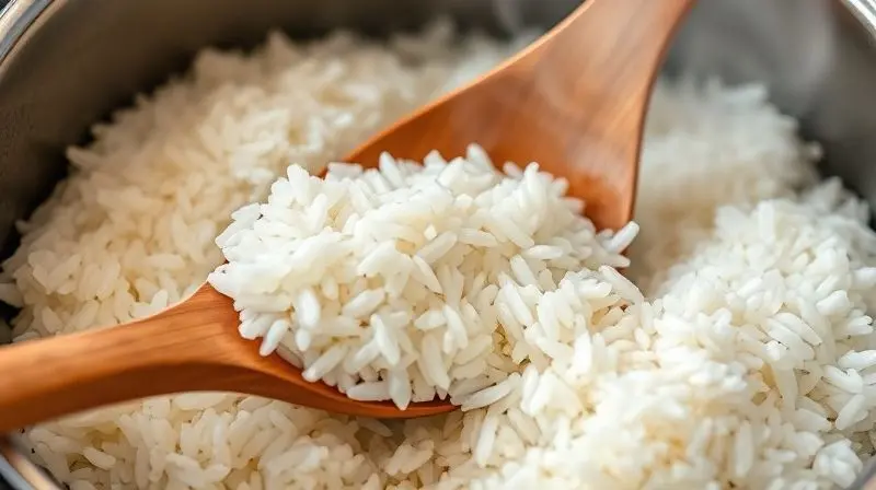 Close-up de arroz branco soltinho e fumegante sendo mexido com uma espátula dentro da panela elétrica.