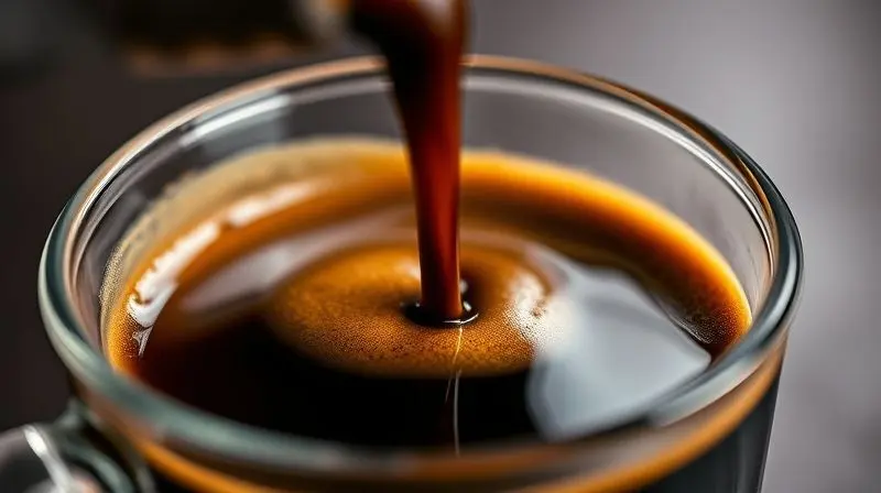Visão macro de um café expresso sendo extraído em uma xícara, com destaque para a formação de uma crema espessa e aveludada.