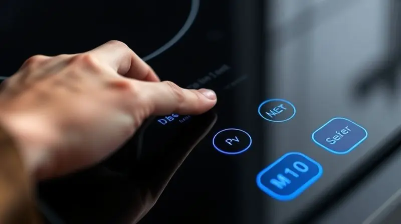 Dramatic macro shot of a finger touching a digital control panel on a black glass induction cooktop, the minimalist icons glo