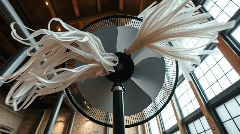 Ventilador de piso em um ambiente amplo, com fitas no ar demonstrando um fluxo de vento forte e potente.