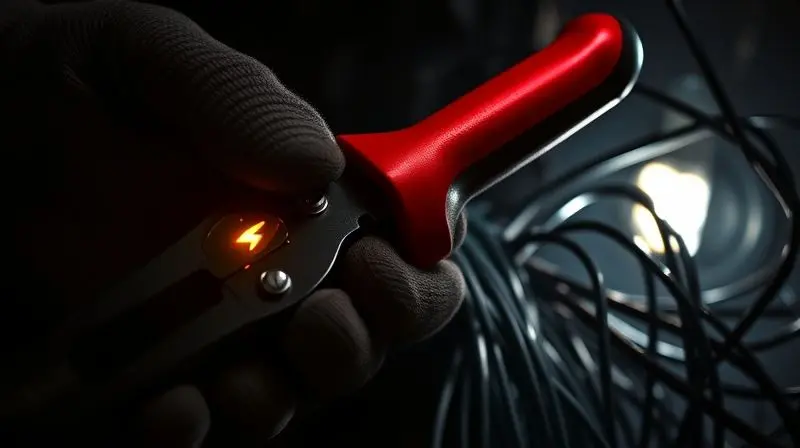 Alicate de corte com cabo isolado vermelho sendo segurado por uma mão com luva próximo a fios elétricos, destacando a segurança.
