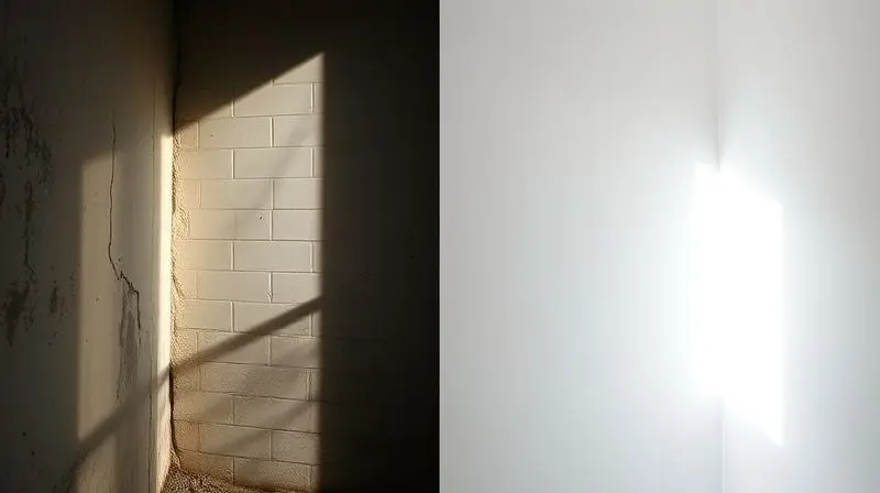 Comparativo de um canto de parede com mofo e descascando ao lado do mesmo canto limpo e renovado, mostrando o poder da função antimofo.
