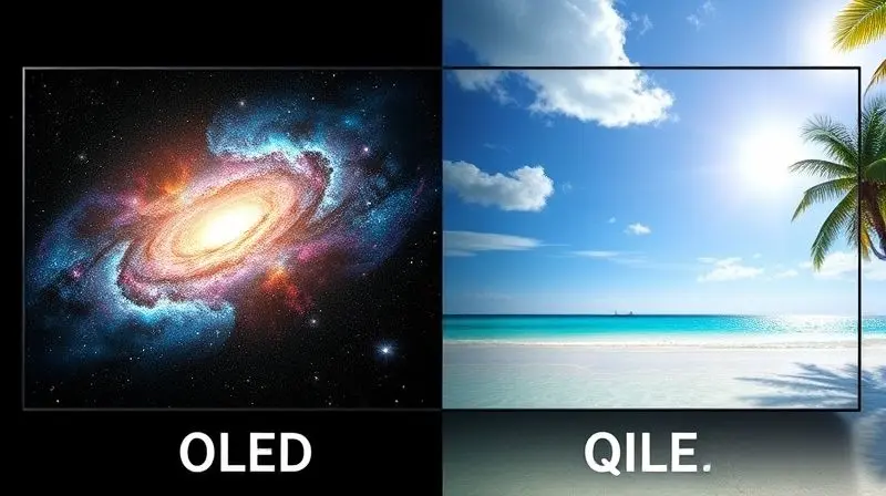 Dramatic split-screen conceptual image comparing OLED and QLED technology, the left side shows a galaxy with perfect deep bla