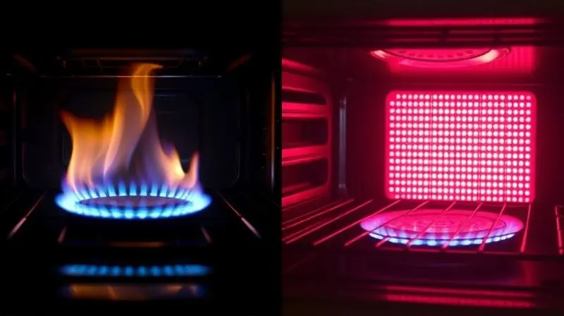Imagem dividida comparando a chama azul de um forno a gás com a resistência vermelha incandescente de um forno elétrico.