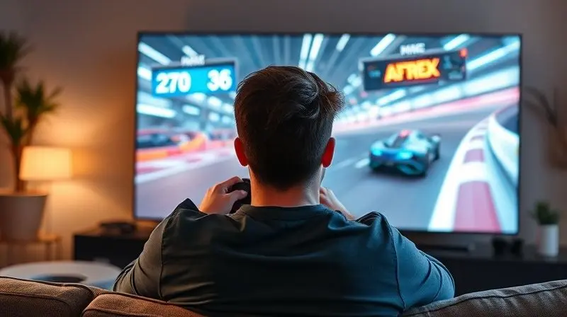 Gamer focado jogando um game de corrida em uma TV 4K grande, com a imagem da tela exibindo velocidade e gráficos de alta qualidade.