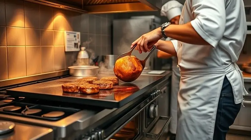 Chef grelhando carnes na chapa de um fogão industrial enquanto outro retira um assado do forno integrado, mostrando a versatilidade do equipamento.