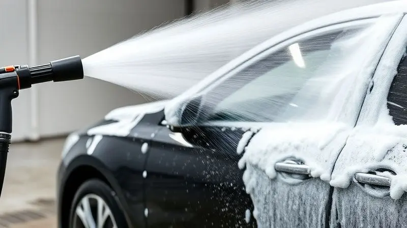 Jato de água de uma lavadora de alta pressão limpando um carro coberto de espuma em um lava-jato profissional.