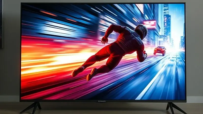 Close-up de uma tela de TV exibindo uma cena de jogo de ação, com gráficos nítidos e movimento fluido para ilustrar o desempenho.
