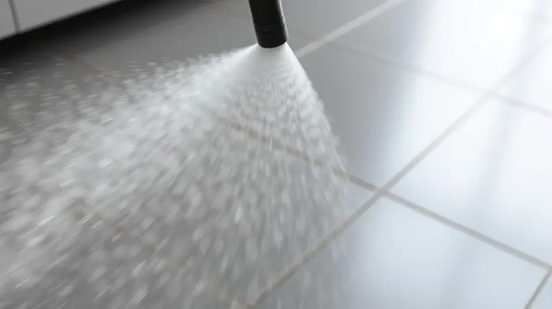 Close-up de um mop spray borrifando uma névoa de água sobre um piso de cerâmica, destacando a agilidade e a tecnologia do aparelho.