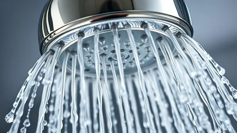 Close-up de um chuveiro com um jato de água forte, demonstrando a importância de um bom pressurizador para um banho com alta vazão.