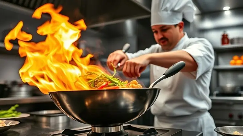 Chef de cozinha em ação em uma cozinha profissional, fazendo um flambado com chamas altas em uma panela de aço inox.