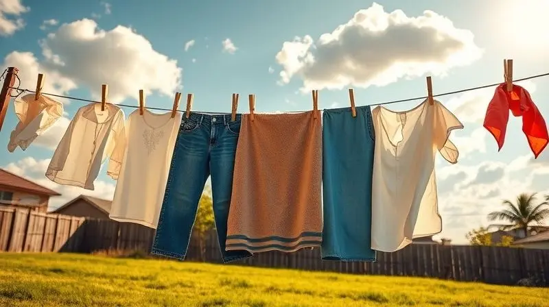 Varal ao vento com prendedores fortes segurando roupas pesadas, como uma calça jeans e uma toalha grossa, sem cair.