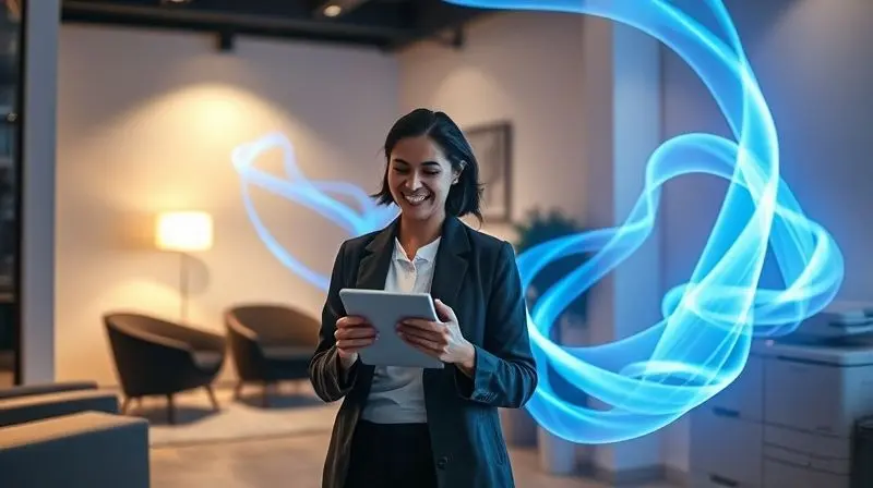 Conexão sem fio sendo representada por feixes de luz saindo de um tablet em direção a uma impressora em um escritório moderno.