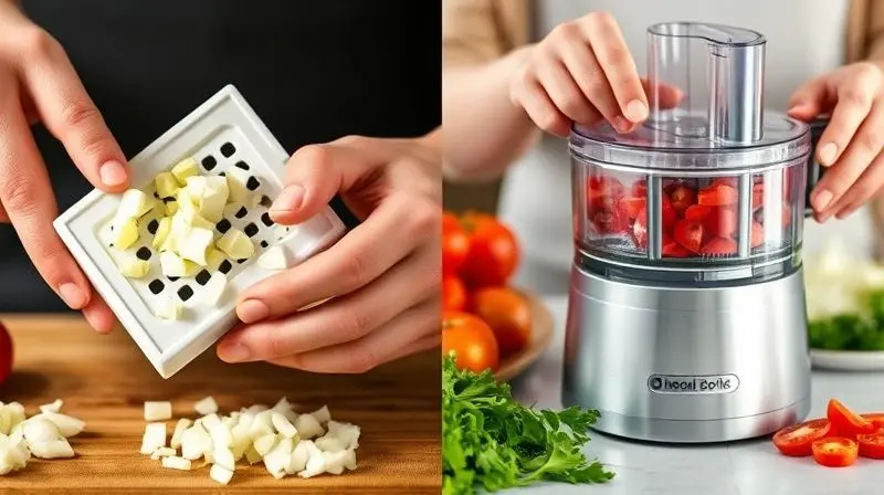 Montagem comparando um cortador de legumes manual de um lado e um processador de alimentos elétrico do outro, ambos cortando os mesmos vegetais.
