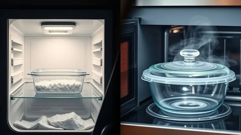 Imagem dividida mostrando um pote hermético sendo colocado no freezer e outro saindo do micro-ondas, ilustrando sua resistência à temperatura.