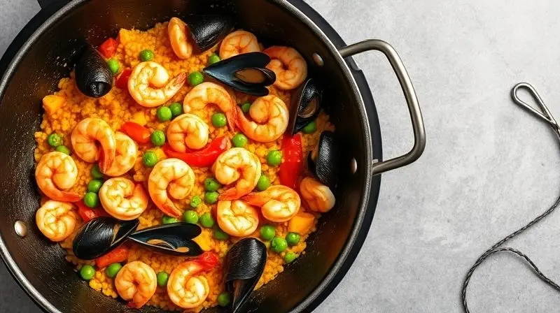Dynamic top-down shot of a colorful paella sizzling in an open multifunctional electric pan. Vibrant ingredients like shrimp,