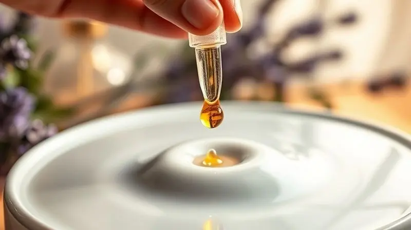 Mão pingando uma gota de óleo essencial dourado em um difusor, com plantas como lavanda e eucalipto suavemente desfocadas ao fundo.