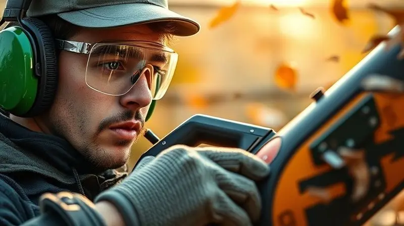 Pessoa utilizando corretamente os equipamentos de proteção individual (EPI), como óculos de segurança e protetores auriculares, ao manusear um soprador de folhas.