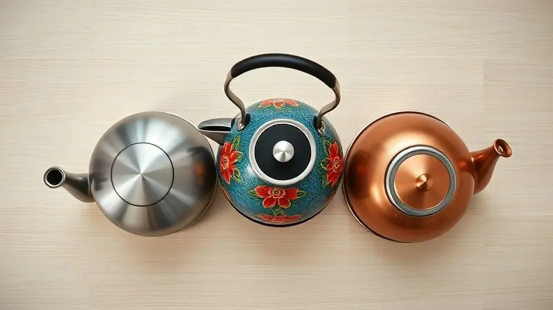 Comparativo visual de chaleiras com apito lado a lado: uma de inox polido, uma esmaltada colorida e uma com acabamento de cobre.