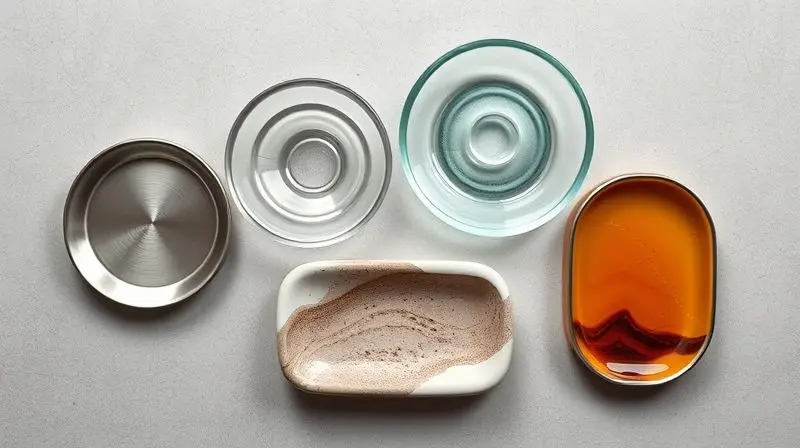 Composição com quatro saboneteiras de materiais diferentes: inox, vidro, cerâmica e resina, destacando as texturas de cada uma.