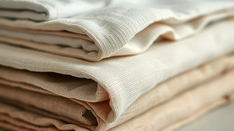 Pilha de toalhas de mesa dobradas, mostrando em detalhe as diferentes texturas de tecidos como algodão, linho e jacquard.