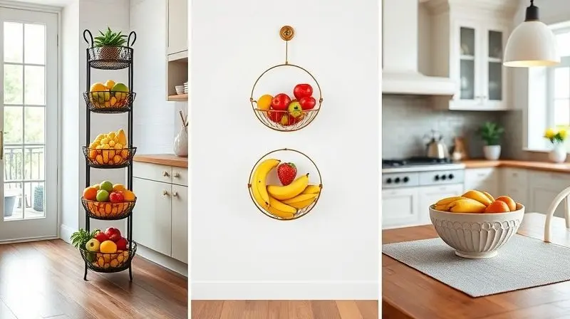 Montagem mostrando os três tipos de fruteira: uma de chão, uma de parede e uma de mesa, para ajudar na escolha do modelo ideal.