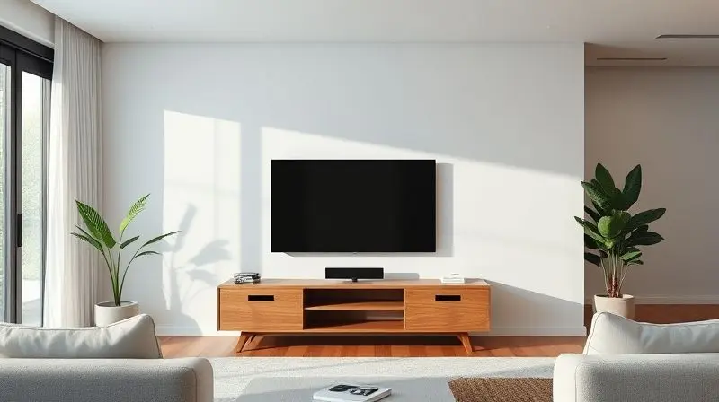 Sala de estar moderna e bem decorada, com um painel de TV de madeira elegante que se harmoniza com o sofá e a iluminação natural.