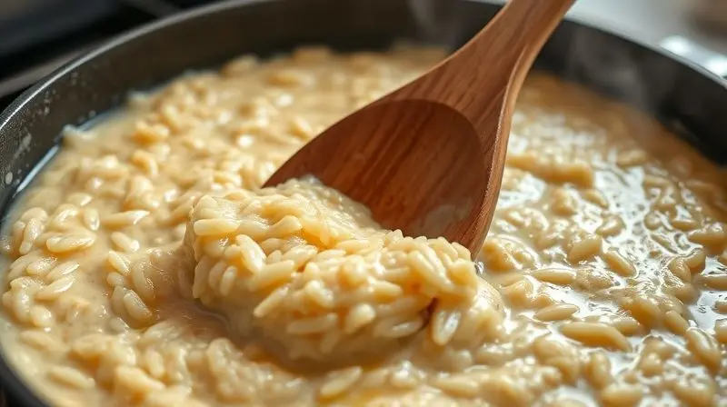 Close-up de uma colher de pau mexendo um risoto cremoso e fumegante em uma panela, ilustrando o ponto ideal da receita.