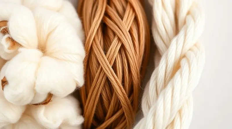 Fotografia macro mostrando a textura detalhada de fios de algodão, acrílico e um fio náutico, um ao lado do outro.