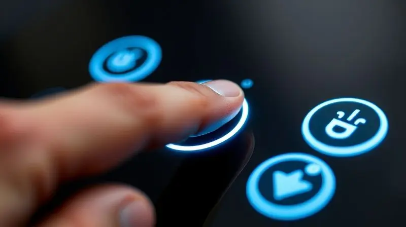 Extreme close-up, macro photograph of a finger about to touch an illuminated, futuristic touch-sensitive power button on a bl