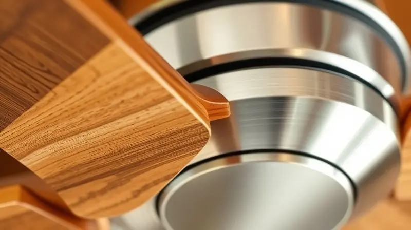 Foto em close-up mostrando a textura de uma pá de madeira e o metal escovado de um ventilador, destacando o design e a qualidade do material.